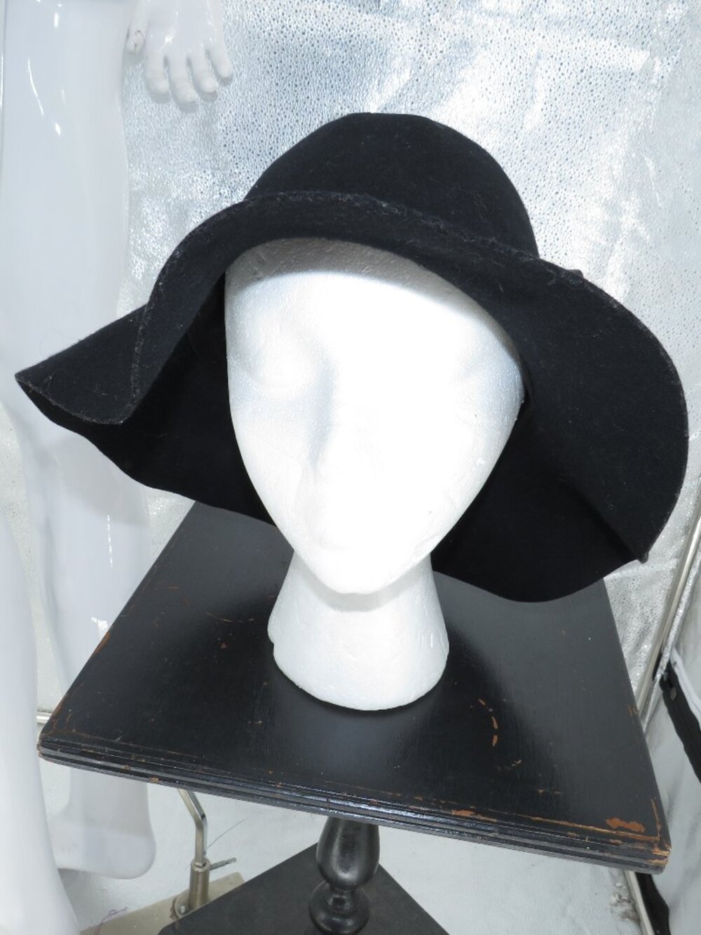Black Wool Wide Brim Floppy Hat Bow Adjustable 23 Inch Boho Fall Winter One Size